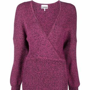 GANNI - mélange-knit V-neck mini dress -X-SMALL